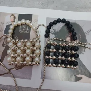 Miniature handmade beaded handbag with metal chain strap in black and white styles
