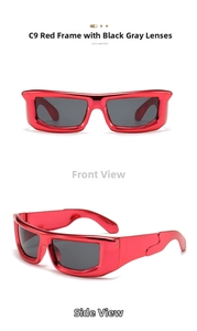 Detail view of bold square punk sunglasses in chrome red with wide temples and dark lenses