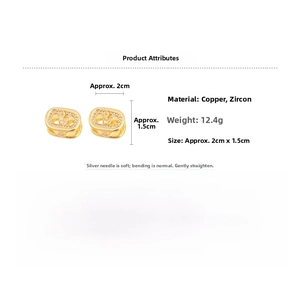 Detail view of 18k gold plated earrings showing 2cm x 1.5cm size and 12.4g weight specs