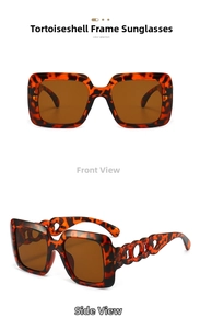 Detail of square oversized tortoiseshell sunglasses featuring hollow chain link temples