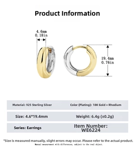 Detail of S925 sterling silver hoop earrings with 18K gold and rhodium two-tone plating