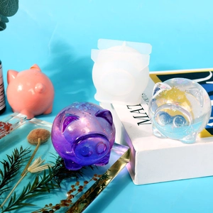DIY silicone mold for cute pig figurines showing various resin casting finishes and results
