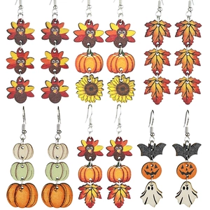Thanksgiving Wood Dangle Earrings Autumn Festive Turkey Pumpkin Maple Leaf Halloween Ghost Bat Jewelry For Women Girls