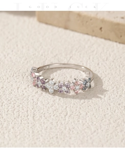 Detail of S925 sterling silver ring featuring multi-colored clover stones and S925 hallmark
