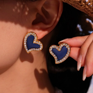 Heart Stud Earrings Stainless Steel 18K Gold Plated Blue Enamel Zircon Inlaid Fashion Elegant Jewelry For Women