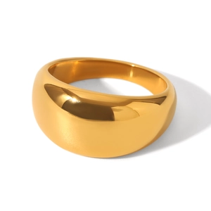 Macro shot of 18K gold plated stainless steel dome ring with high-polished mirror finish