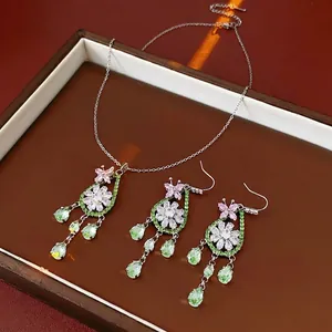 Collana E Orecchini Farfalla Fiore Rame Zircone Goccia D'acqua Nappa Con Perno In Argento Per Donna