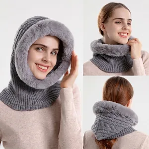 Winter Integrated Hooded Scarf Hat Knit Acrylic Faux Fur Trim Fleece Lined Warm Windproof Ear Protection Women