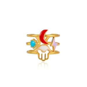 Gold stainless steel multi-layer open ring with moon and star enamel details