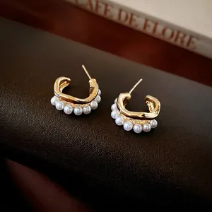 C-Shaped Double Layer Artificial Pearl Earrings French Retro Style Alloy Jewelry With 925 Sterling Silver Earring Post For Women