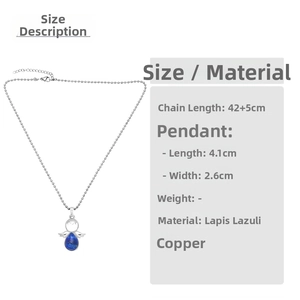 Size guide for angel wing necklace showing chain length 42+5cm and pendant dimensions