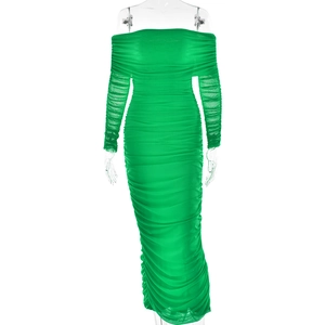 Detail of green off-the-shoulder maxi dress featuring ruched mesh fabric and long sleeves