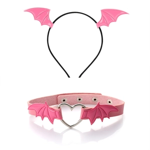 Pink bat wing headband and heart collar set for Halloween party accessories