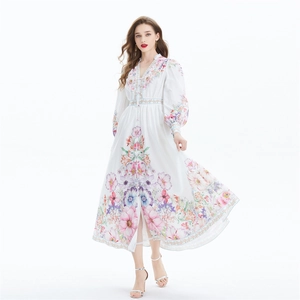 Ethnic floral linen maxi dress with lantern sleeves and V-neck for beach vacation style