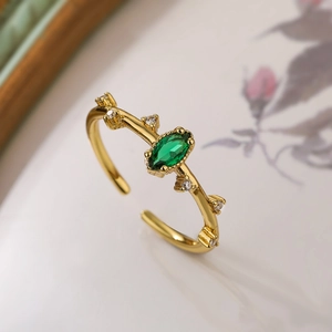 Vintage 18K gold plated vine ring with green marquise zircon and adjustable band