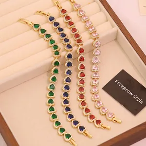 Luxury 18K gold plated heart bracelet with zircon stones in green, blue, red and pink