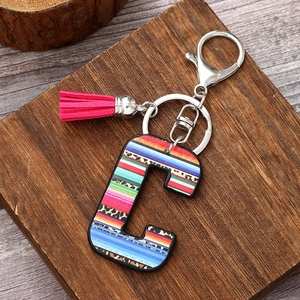 Rainbow and leopard print letter C keychain with pink tassel on wooden background