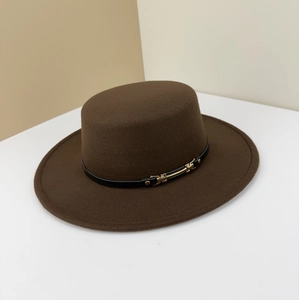 Elegant dark brown wool felt boater hat with black leather band and gold buckle details