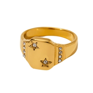 Vintage stainless steel square ring with gold finish, star reliefs, and side zircon accents