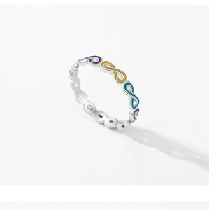 Detail view of S925 sterling silver ring with colorful enamel infinity patterns