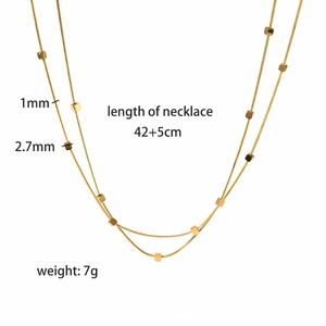 Double-layered 18k gold plated geometric square bead necklace, 42+5cm length