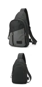 Detail view of large capacity black and grey crossbody chest bag with multi-pocket layout