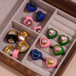 18K gold plated stainless steel heart shaped colorful enamel rings and earrings set