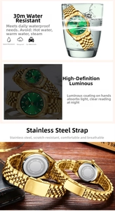 Detailed view of waterproof gold watch with green dial and luminous hands for night reading