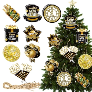 16 Pcs Happy New Year Hanging Decorations Black Gold Cardstock Ornaments For New Year Eve Party Favors Home Decor Set