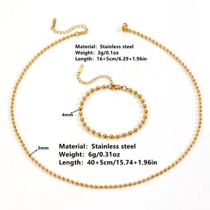Golden stainless steel bead chain necklace and bracelet set with detailed size parameters