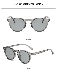 Front and 45-degree side view of vintage round sunglasses in translucent grey frame