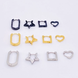 Polished stainless steel geometric hoop earrings in star, heart, and square shapes