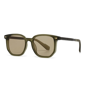 Retro square pilot sunglasses with olive green frames and tinted brown lenses
