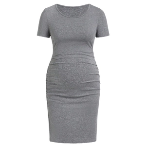 Slim fit grey maternity knit dress with short sleeves and side ruching for pregnancy comfort