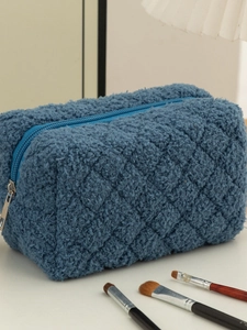 Blue quilted faux fur pencil case with large capacity and minimalist Japanese design