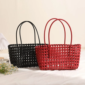 Hollow Woven Handbag PVC Plastic Solid Color Beach Basket Bag For Women Casual Vacation Chic Style Open Top
