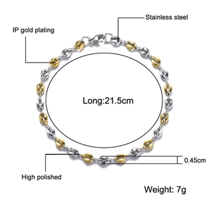 Detailed specs of 4.5mm stainless steel coffee bean link bracelet with IP gold plating