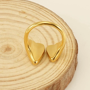 Classic 18k gold plated stainless steel open ring featuring dual heart design on wood base