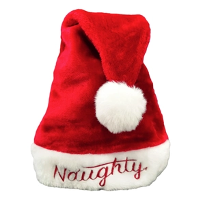 Bonnet de Noël classique en peluche rouge avec pompon blanc et broderie Naughty
