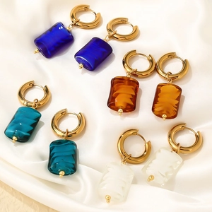 Stainless steel gold hoop earrings with natural stone pendants in vibrant colors