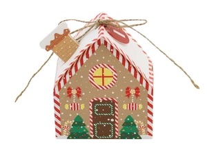Detail of a house-shaped Christmas kraft paper candy box with red twine and festive patterns