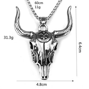 Vintage stainless steel bull skull pendant necklace with 60cm chain and size details