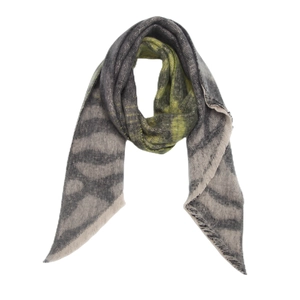 Detail of zebra pattern knit scarf in grey and green with soft yarn texture