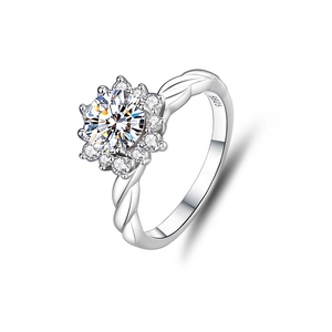 Macro detail of S925 sterling silver sunflower ring with twisted band and Moissanite stone