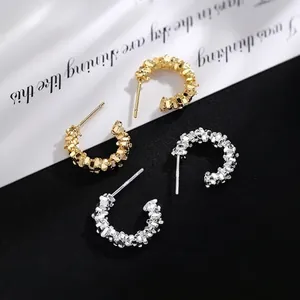 S999 Sterling Silver Post C-Shape Crushed Silver Texture Stud Earrings Rhinestone Geometric Earrings For Women Jewelry