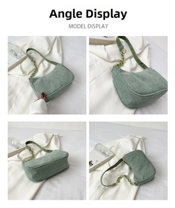 Detailed multi-angle view of green corduroy baguette bag with metal and acrylic chain