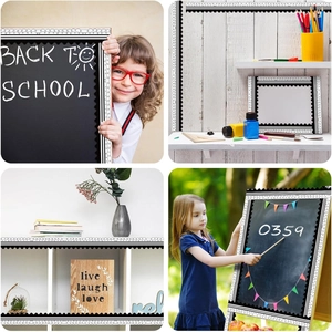 Various scenes showing black and white wavy scalloped border stickers for classroom decor