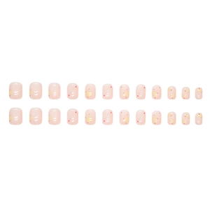 Set of 24 sweet pink translucent press-on nails with yellow stars and colorful polka dots