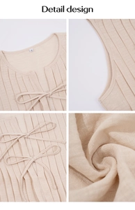 Detail design showing beige linen texture with front bow tie and neckline tag details