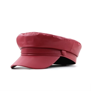 Classic burgundy faux leather baker boy hat for women, autumn winter vintage style